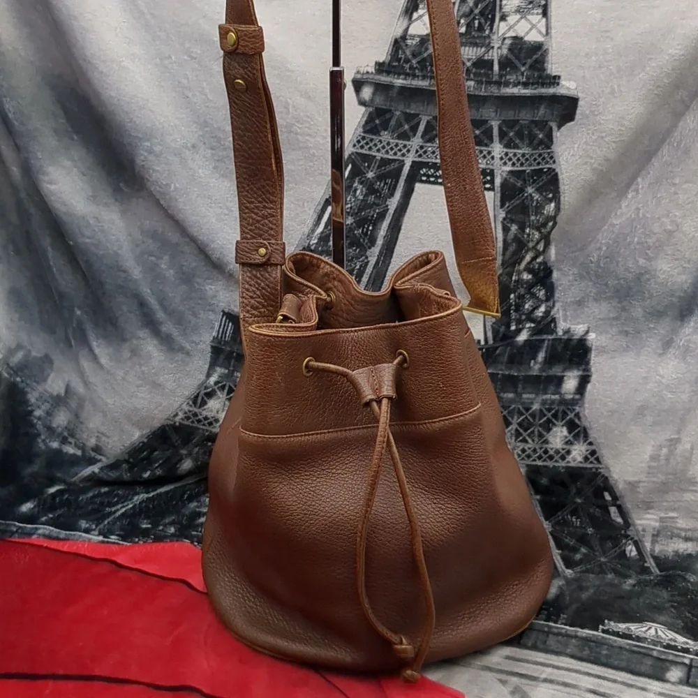 Donna Karen brown leather drawstring purse - Picture 1 of 11